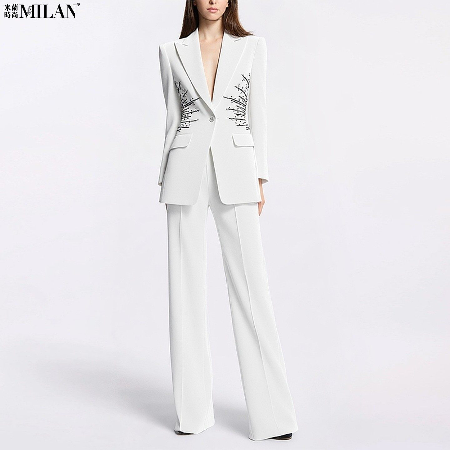 现货2026新款欧美高货重工钉珠镶钻一粒扣西装微喇长裤OL通勤套装,女装/女士精品,时尚套装,淘宝优惠券,粉丝福利购,淘宝优惠卷