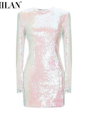 现货明星款晚礼服2026轻奢名媛长袖BLING亮片包臀短款连衣裙白色