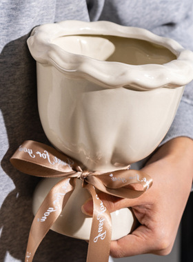 法式奶油风陶瓷花瓶手捧花束丝带插花室内水培侘寂风客厅玄关摆件