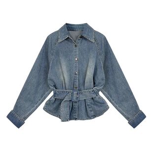 复古翻领牛仔衬衫 收腰系带设计感显瘦气质上衣外套 女春秋2026新款