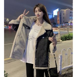 加绒牛仔外套女宽松百搭2025冬季新款羊羔毛棉衣服懒惰风加厚棉袄