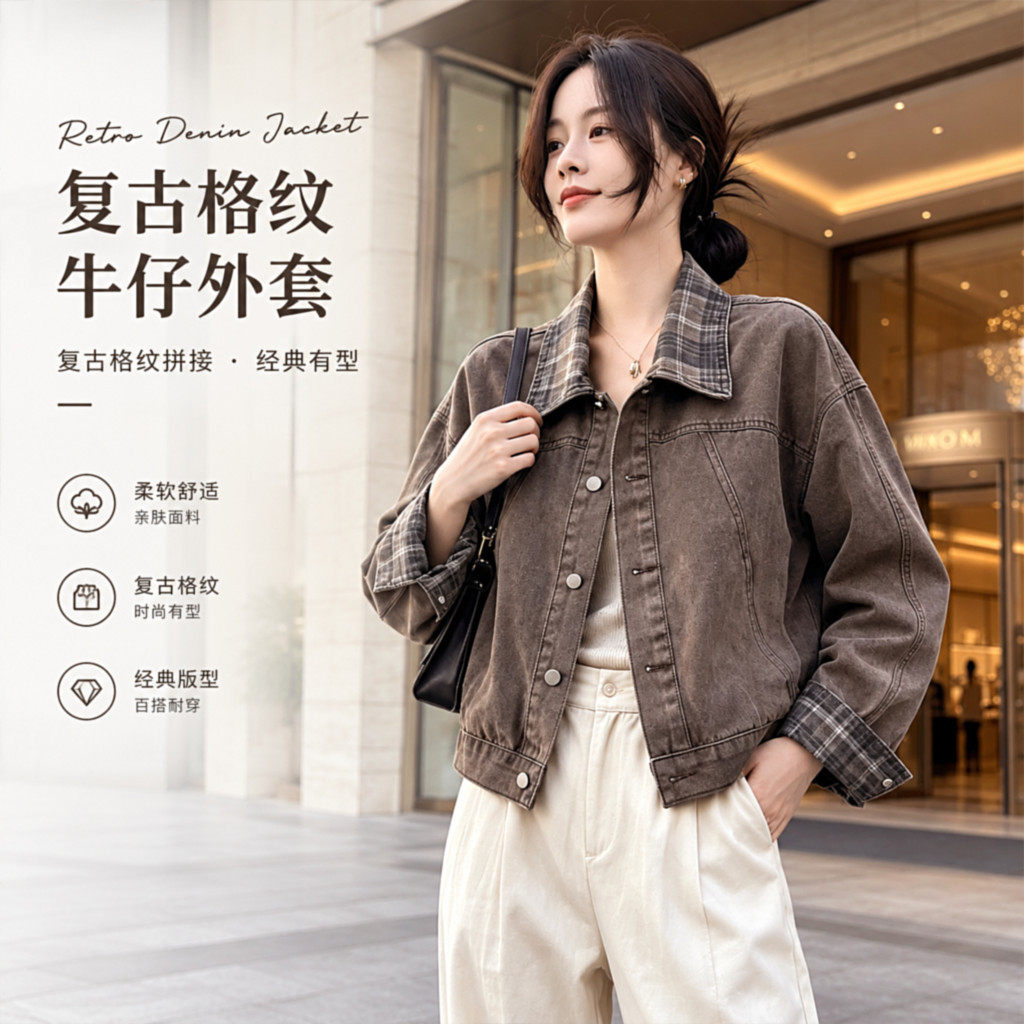 复古格纹韩系短款牛仔外套女春秋新款宽松百搭小个子翻领夹克上衣