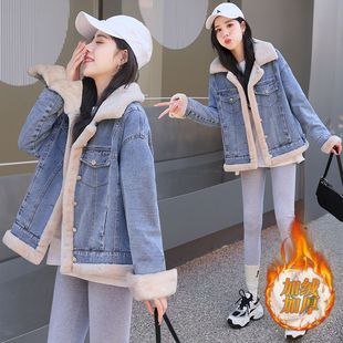 加绒加厚牛仔棉服女秋冬装新款宽松百搭懒惰风羊羔毛长袖棉衣外套