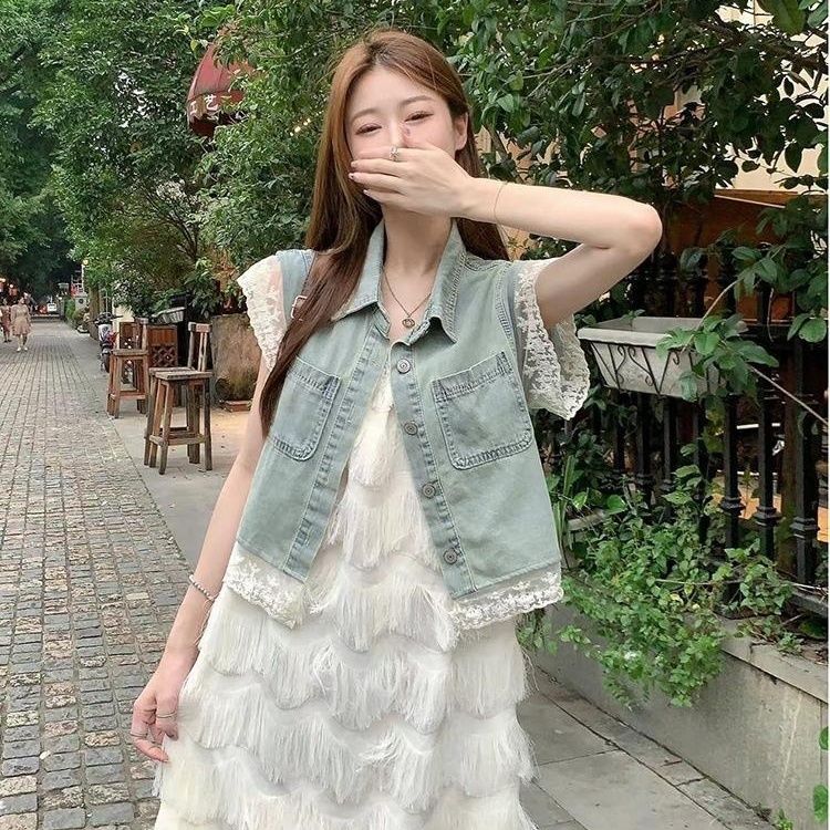蕾丝拼接牛仔衬衫女2025夏季新款宽松百搭设计感薄款别致短袖外套