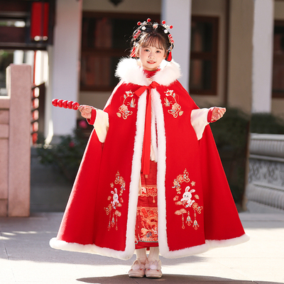 女童汉服披风秋冬中国风加绒加厚斗篷儿童外出防风披肩拜年服冬季