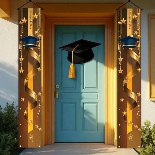 Graduation Porch Banner, Blue Gold Grad Cap & Star Curtain f