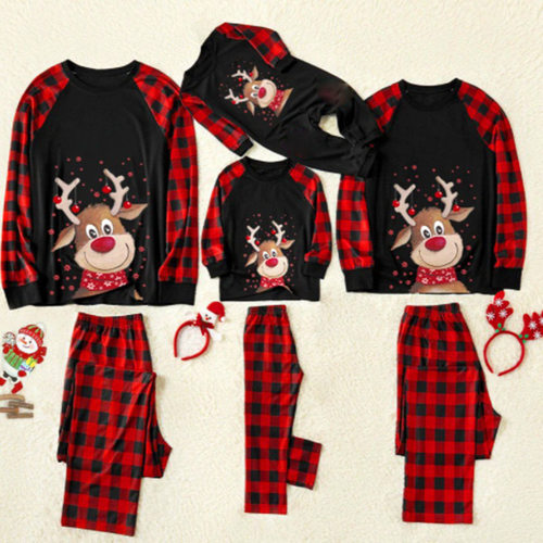 Christmas Deer Print Round Neck Patchwork Family Set 0523