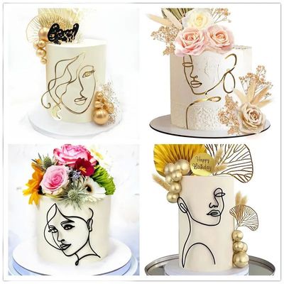 Portrait Happy Birthday Cake Topper Gold Black Abstract Art