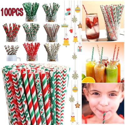 100Pcs Christmas Paper Straws Biodegradable Disposable Drink