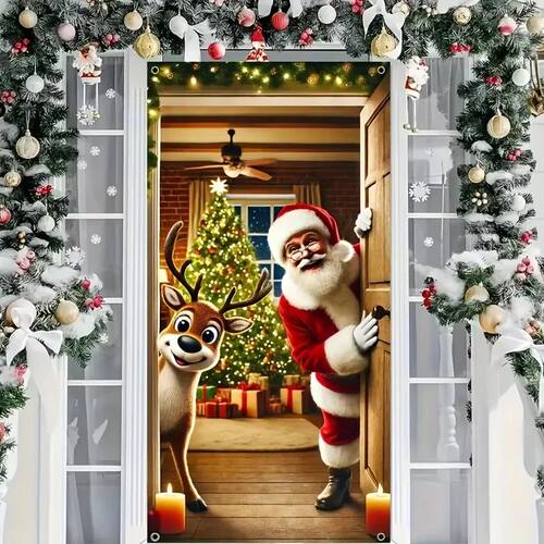 Winter Santa Claus Christmas Deer Door Cover Decoration Hang