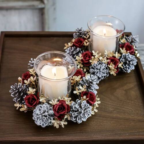 Christmas Candlestick Wreaths Red Gold Artifical Flower Pine