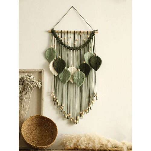 Multicolor Leaves Tapestry Boho Hand Woven Macrame With Wood