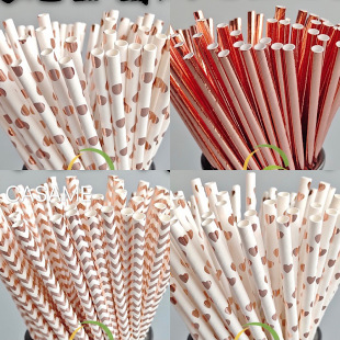 Straws Strip Dot Gold Straw Paper Drinking Disposa Rose