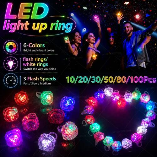 10-100Pcs LED Light Up Rings 6 colors 3 Modes Flash Diamond