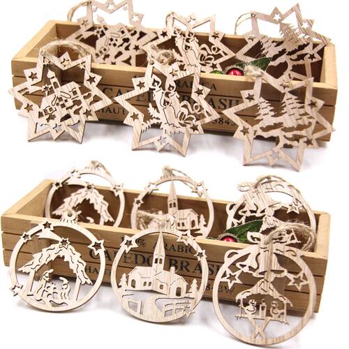 9Pcs Christmas Wooden Pendants Hollowed Bell/Star/Ball Hangi