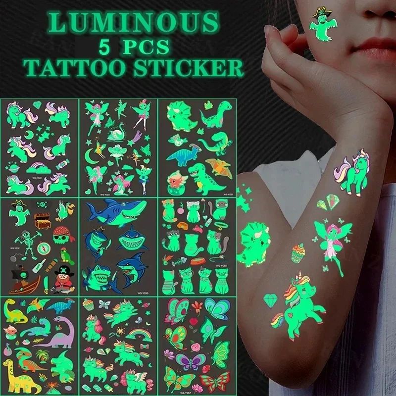 5pc/Set Night Glow Tattoo Stickers Temporary Children Unicor