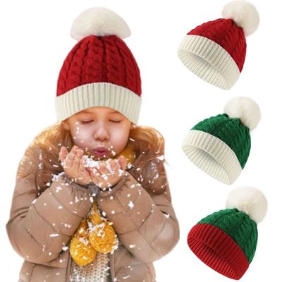 Adult Kids Cute Fluffy Balls Christmas Knitted Hat Winter Be