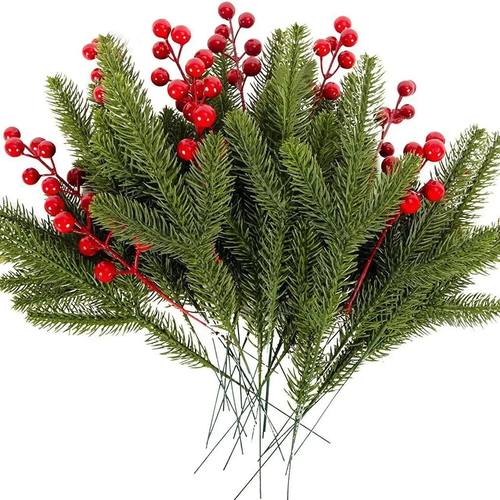 10pcs Artificial Pine Branches Christmas Holly Red Berries S