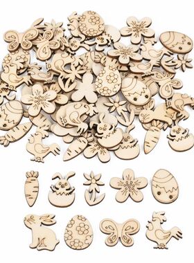 50pcs Easter Wooden Ornament Crafts Rabbit Carrot Egg Wood S