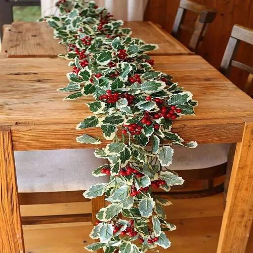 1M Festive Holly Leaves Red Berries Christmas Garland Artifi
