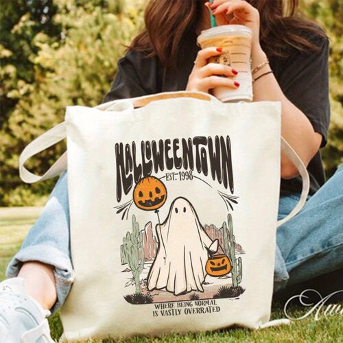 Cute Ghost Halloween Canvas Tote Bag Large Capacity Durable