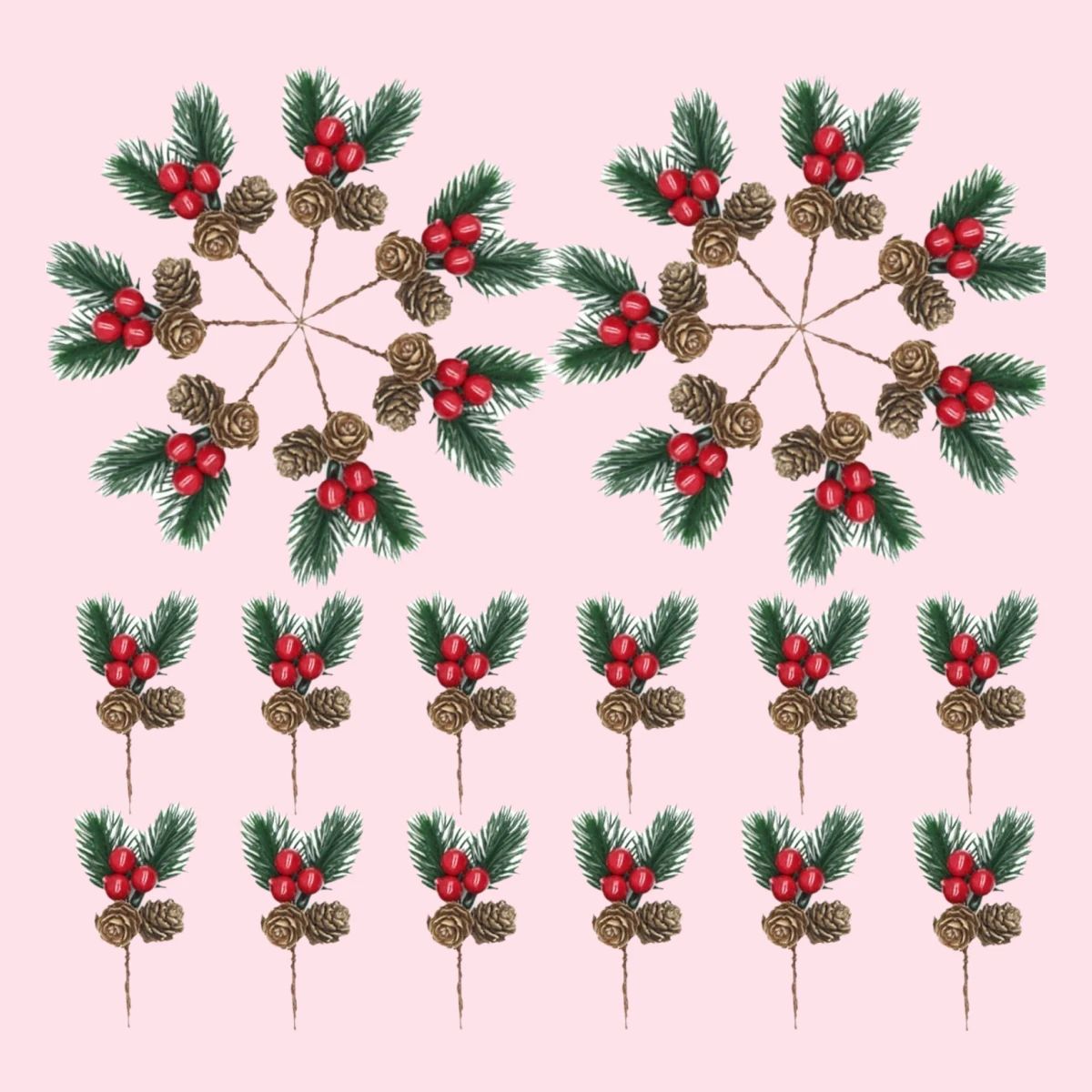 Christmas Floral Picks, 10Pcs Pine Cone Holly Berry Stems fo