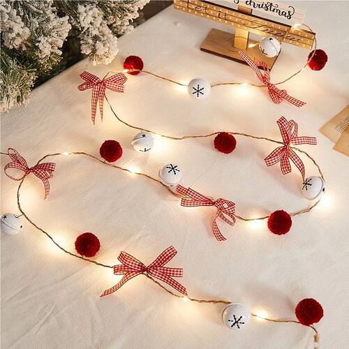 Christmas String Lights Red Pom Pom Bells Bow Warm White Bat