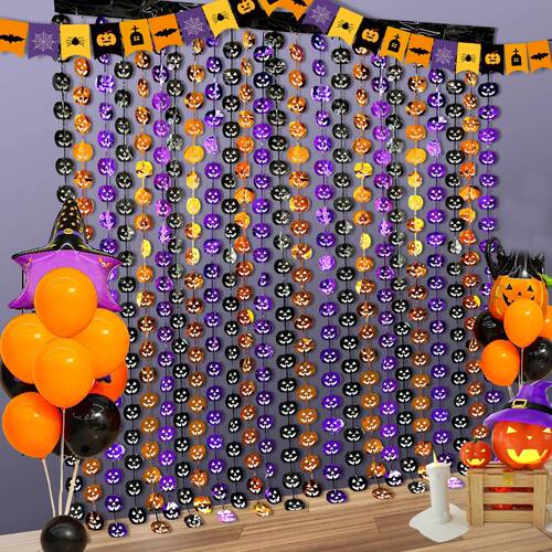 Runtowo  1x2M Pumpkin Bat Spider Foil Fringe Backdrop ,Hallo