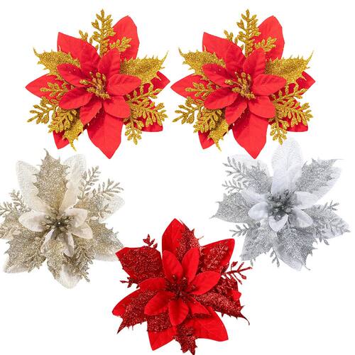 3PCS Christmas Flowers Red Gold Glitter Flower Heads For Noe