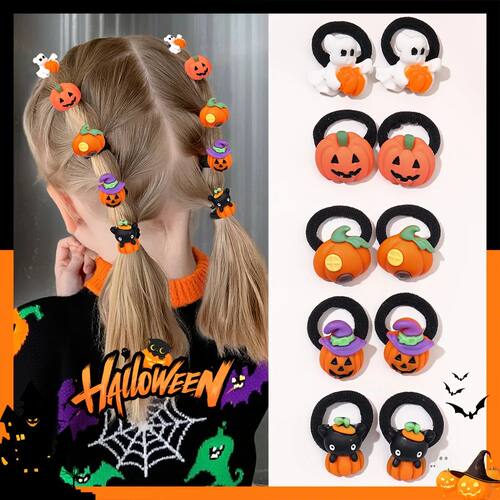 10pcs Kids Girls Cute Halloween Hair Ties Set – Whimsical P