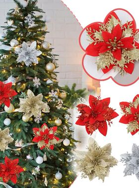 10pcs Christmas Ornament Flower 14cm Glitter Artificial Chri