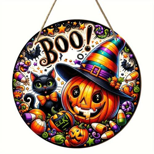 1pc2D flat Halloween theme round wooden sign, pumpkin head w