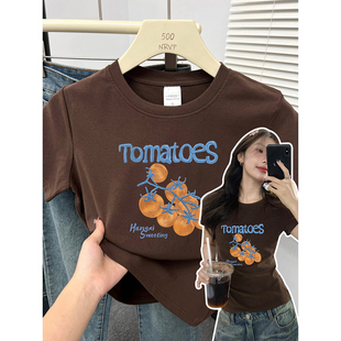 棕色显白圆领正肩短袖t恤女修身高弹力棉番茄印花大码女装上衣ins