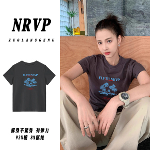 百搭高弹力棉上衣ins 品质趣味印花胖mm大码 女装 短袖 正肩t恤女修身