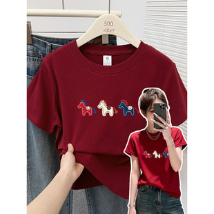 新年款安哥拉红小马印花正肩短袖t恤女修身高弹力棉大码女装上衣