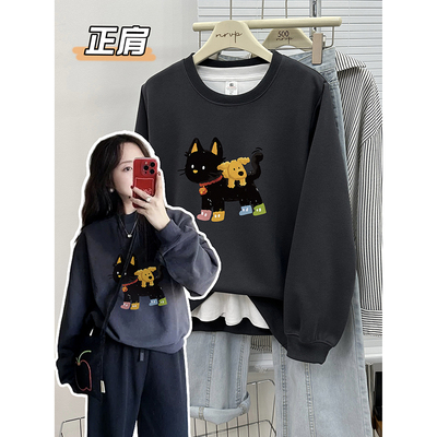 正肩2025年秋冬韩系松弛感大码显瘦宽松卫衣长袖女装圆领无帽上衣