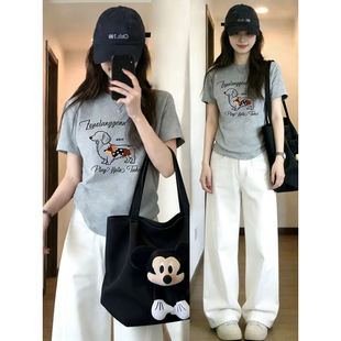 2026可爱小狗印花正肩短袖t恤女修身高弹力棉圆领大码女装上衣ins