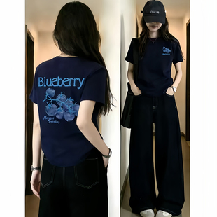 复古深蓝前后蓝莓印花正肩短袖t恤女修身高弹力棉大码女装上衣ins