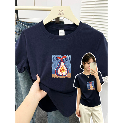 夏日深蓝色卡坦涂鸦梨子花修身正肩圆领内搭校园风短袖t恤女上衣