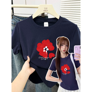 小清新简约涂鸦花朵印花正肩短袖t恤女修身高弹力棉大码女装上衣