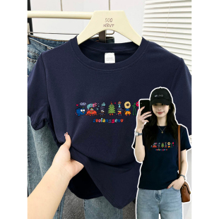 复古深蓝色趣味卡通印花正肩短袖t恤女修身高弹力棉大码女装上衣
