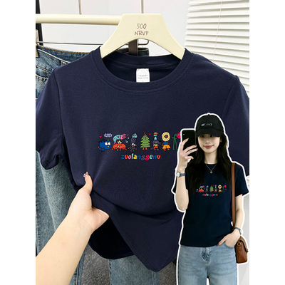 复古深蓝色趣味卡通印花正肩短袖t恤女修身高弹力棉大码女装上衣