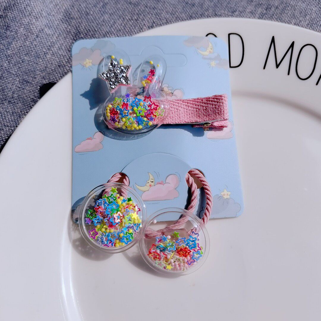 儿童可爱透明流沙卡通小兔子宝宝发夹发圈套装时尚果冻发饰