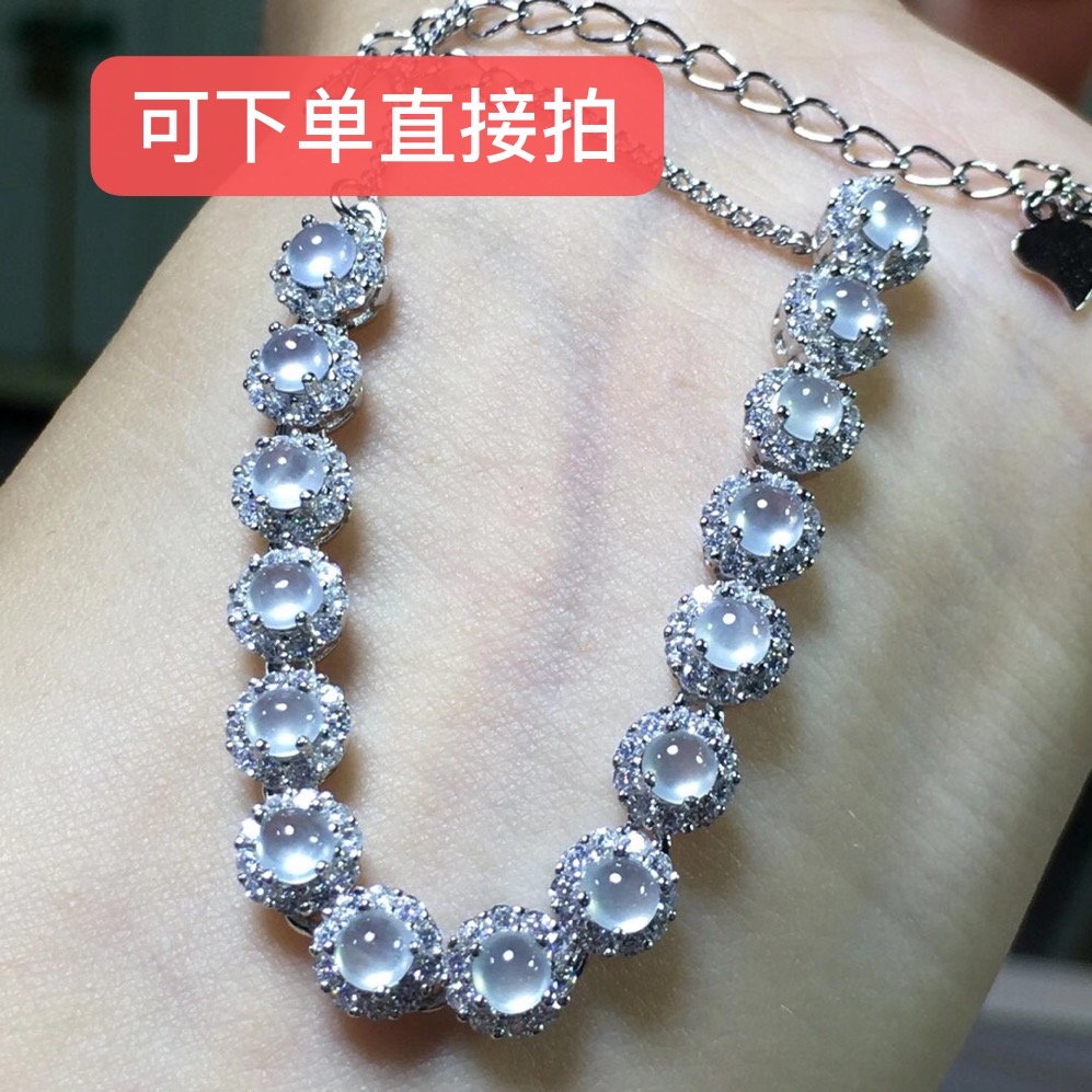 现货可拍缅甸高冰翡翠手链女冰种A货天然玉石蛋面玉手链S925银镶