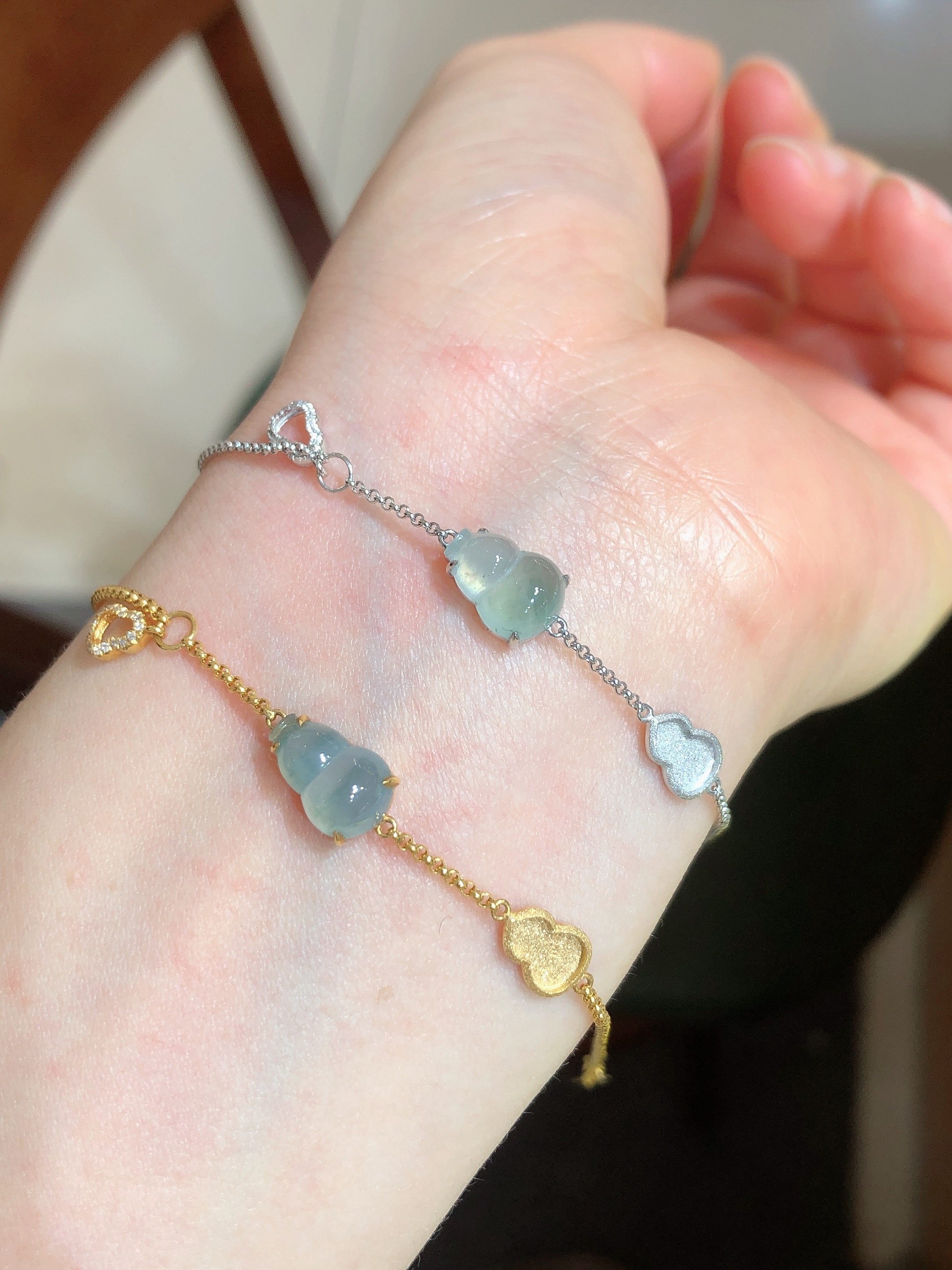 正品缅甸翡翠手链女A货天然玉石蛋面飘花葫芦手链18k金镶嵌送女友