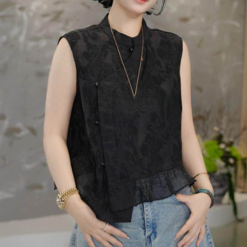 夏季新中式国风不规则下摆烧花无袖衬衫女时尚气质复古百搭上衣潮