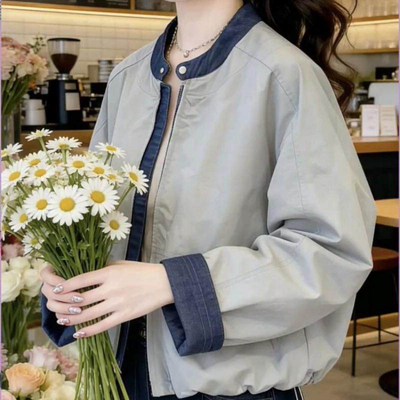 2026春网红新款牛仔拼接外套女韩版设计感宽松立领夹克棒球服上衣
