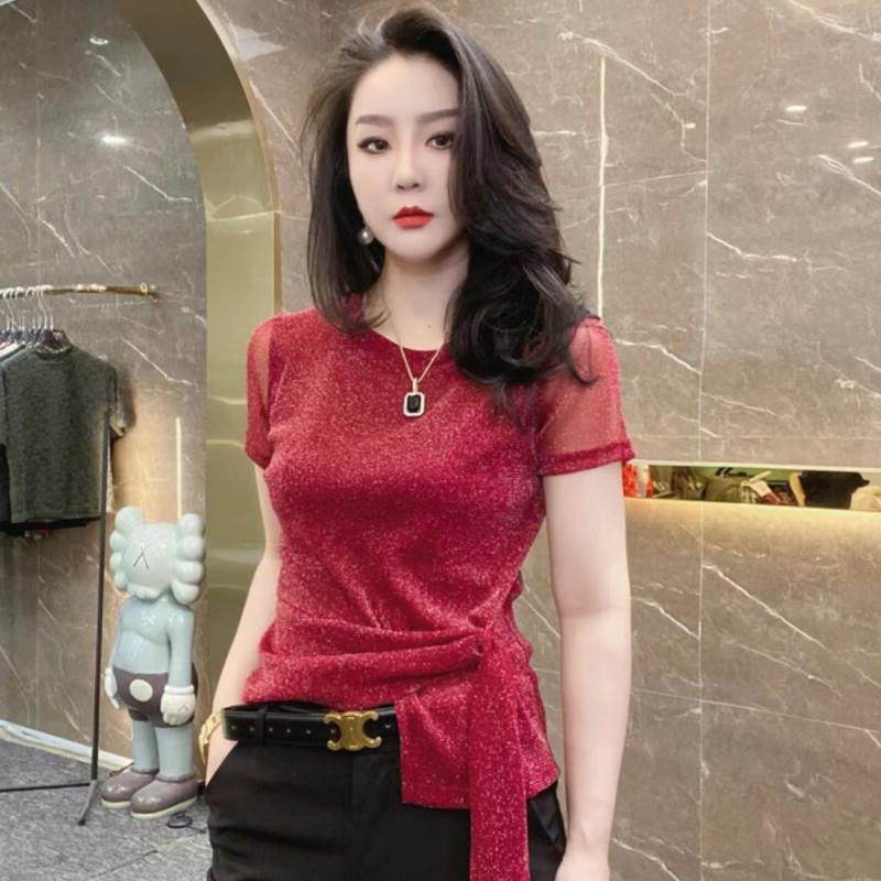 飘带显瘦甜辣纯色女人味亮丝网纱遮肉时尚洋派圆领夏季短袖T恤