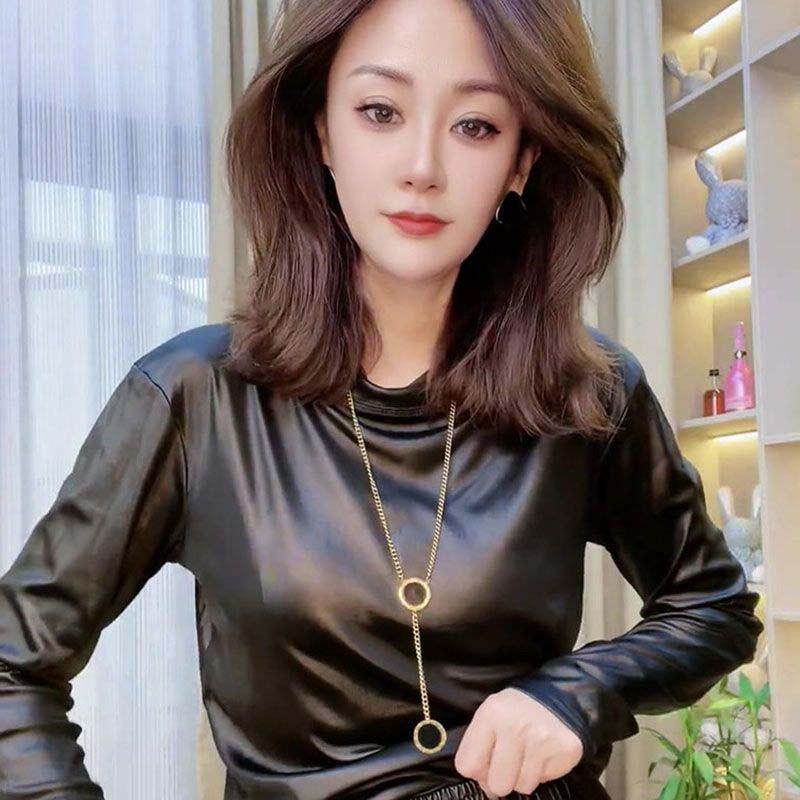 亮面大码欧货重磅新款长袖个性女装高级感小个子单穿上衣洋气潮风