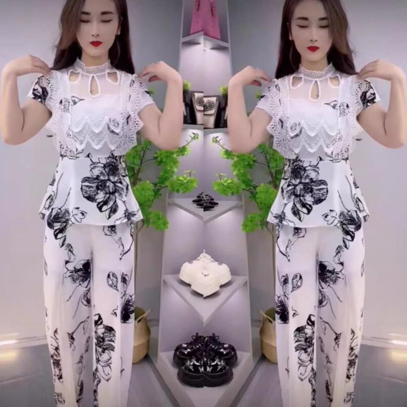 夏季新款蕾丝镂空拼接洋派套装女韩版时尚显瘦精致减龄两件套